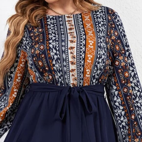 Melo Apparel Plus Size Printed Tie Belt Boat Neck Midi Dress - Picture 3 of 7